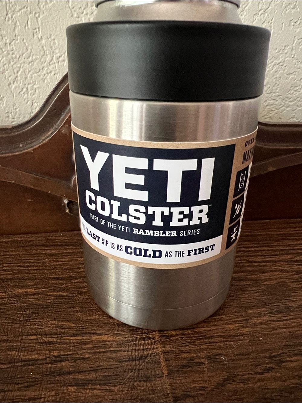 Yeti Stainless Steel Colster Can Cooler with Black Lid